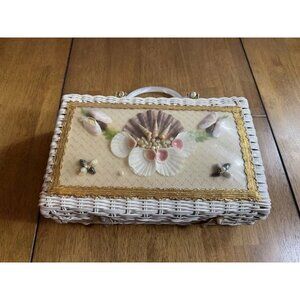 Vintage Atlas Wicker Straw Seashell Princess Charming Handbag Lucite Handles